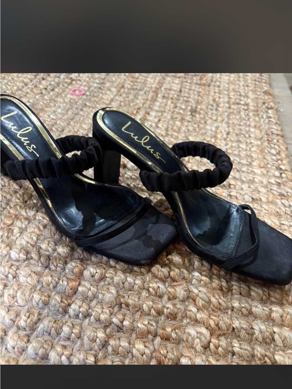 Lulu's Black Ruched-Strap Square Toe Block Heel Sandals